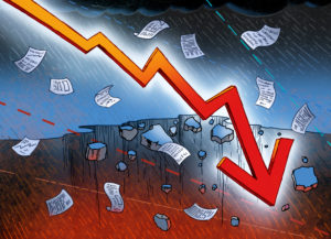 Red crashing arrow in front of blue abyss at rain with flying sheets of paper Red crashing arrow in front of blue abyss at rain with flying sheets of paper