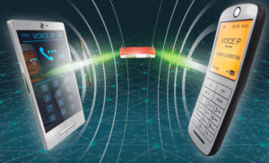 Smartphone, phone and router in front of turquoise-coloured Internet network, connection, two audio signals Smartphone, phone and router in front of turquoise-coloured Internet network, connection, two audio signals