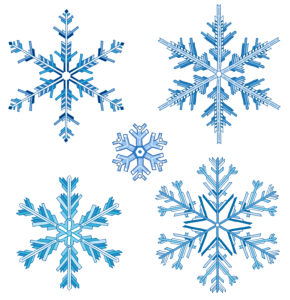 Drawn snowflakes in blue tones against isolated, white background