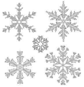 Drawn snowflakes in black and white in front of isolated, white background for coloring