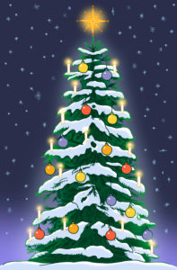 Snow-covered Christmas tree with candles, colorful Christmas tree balls and star top against a dark blue starry sky