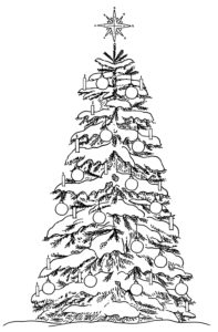Snow-covered Christmas tree with candles, baubles and star lace in black white for coloring