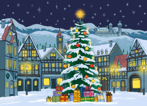 Wintry Christmas village at night with Christmas tree, half-timbered houses and castle in snowy landscape against starry sky