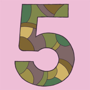 Figure five, drawn as a vector illustration, in greenish-brown camouflage colors on a light violet background in pop art style
