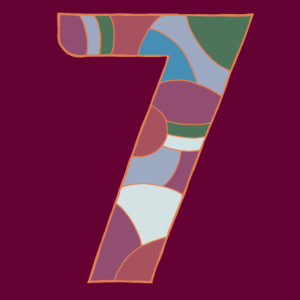 Digit seven, drawn as a vector illustration, in colorful shades on a burgundy background in pop art style