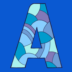 Letter A, drawn as a vector illustration, in blue shades on a blue background in pop art style