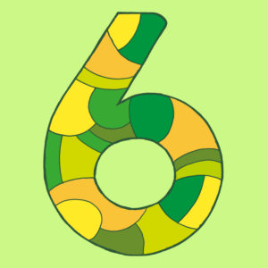 Numeral six, drawn as a vector illustration, in green-yellow shades on a light green background in pop art style