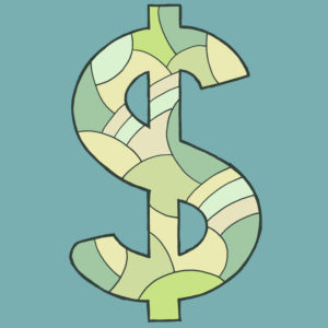 Dollar sign, drawn as a vector illustration, in greenish shades on a bluish-gray background in pop art style