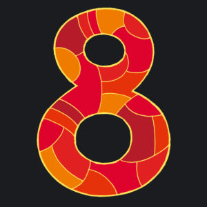 Numeral eight, drawn as a vector illustration, in red hues on a dark background in pop art style