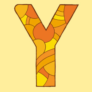 Letter Y, drawn as a vector illustration, in orange shades on a pale yellow background in pop art style