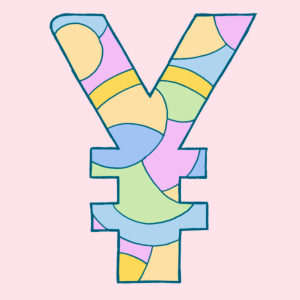Yen sign, drawn as a vector illustration, in pastel shades on a rose-colored background in pop art style