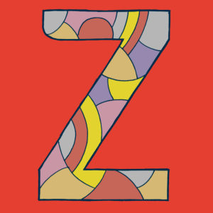 Letter Z, drawn as a vector illustration, in blue different shades on red background in pop art style