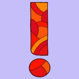 Exclamation mark, drawn as a vector illustration, in red tones in pop art style