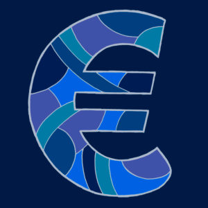 Euro sign, drawn as a vector illustration, in blue tones on a dark blue background in pop art style