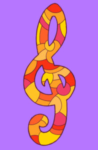 Treble clef, drawn as vector illustration, in red and yellow tones in pop art style