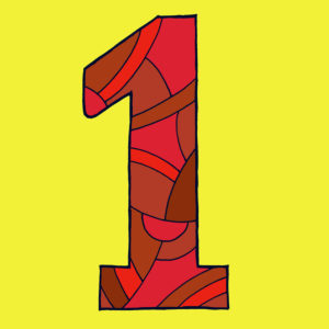Number one, drawn as a vector illustration, in red shades on a yellow background in pop art style