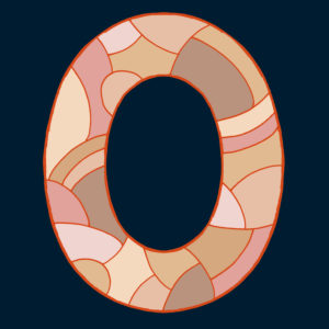 Numeral zero, drawn as a vector illustration, in skin tones on a black and blue background in pop art style