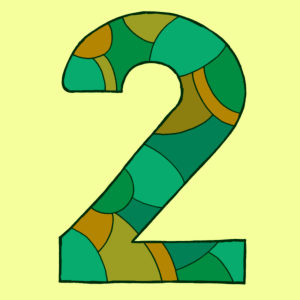 Number two, drawn as a vector illustration, in green-yellow shades on a light green background in pop art style