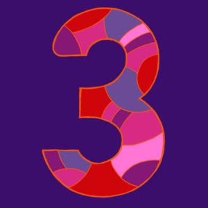 Number three, drawn as a vector illustration, in violet-red hues on a dark purple background in pop art style
