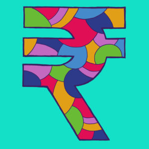 Rupee sign, drawn as a vector illustration, in colorful shades on turquoise background in pop art style