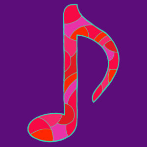 Musical note, drawn as a vector illustration, in red-violet shades in pop art style