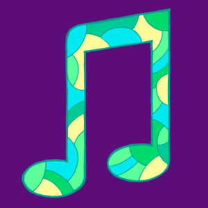 Musical note, drawn as a vector illustration, in turquoise-green shades in pop art style