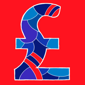 British pound sign, drawn as a vector illustration, in blue-red hues on a red background in pop art style