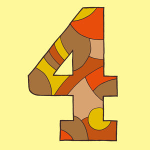 Number four, drawn as a vector illustration, in brownish hues on a light yellow background in pop art style