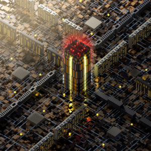 Complex city structure from above in isometric perspective at sunset