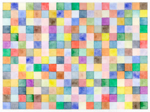 Watercolor, colorful squares of color in a 19 x 14 grid with a white border