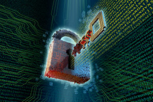 Stylized lock with key on cryptography and encryption against a dark background with random code