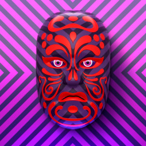Asian theater mask with red ornaments against purple-pink striped background