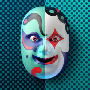 Asian theater mask with colored ornaments against a blue-turquoise dotted background