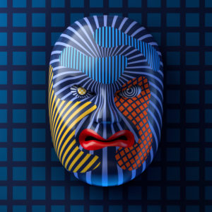 Asian theater mask with colored stripe patterns against a blue grid background