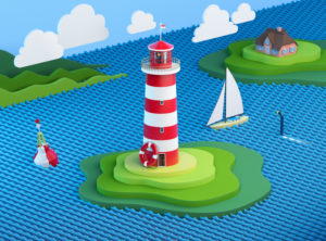 Stylized seascape with lighthouse, hallig, buoy, sailing ship, clouds and hills
