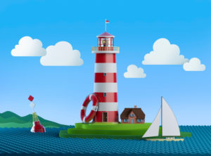 Stylized sea illustration with lighthouse, lifebuoy, buoy, sailing ship, clouds and hills