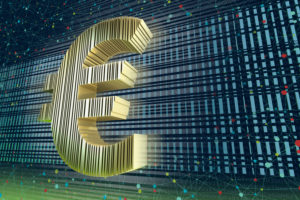 The gold-colored euro symbol symbolizes the digital euro against a dark blue background with barcodes and a network