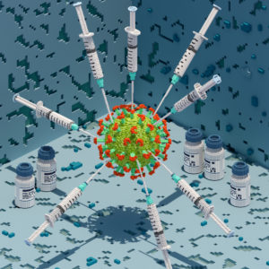 Corona virus attacked in a star shape by vaccine syringes in voxel graphic style, isometric view