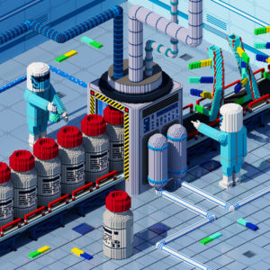 Vaccine laboratory with assembly line, laboratory workers and mRNA in satirical voxel graphic style, isometric view