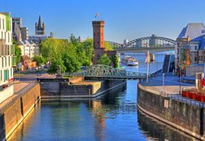 Rheinau habour with Malakow Tower and Swivel Bridge, Cologne, North Rhine-Westphalia, West Germany, Germany Rheinau habour with Malakow Tower and Swivel Bridge, Cologne, North Rhine-Westphalia, West Germany, Germany