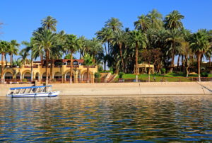 Waterfront and palm garden on the banks of the Nile from Mercure Hotel, Karnak near Luxor, Upper Egypt, Egypt Waterfront and palm garden on the banks of the Nile from Mercure Hotel, Karnak near Luxor, Upper Egypt, Egypt