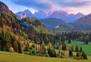 Spring landscape with Neuschwanstein and Hohenschwangau castles against the Tannheim Mountains, Hohenschwangau, Romantic Road, Ostallgäu, Allgäu, Swabia, Bavaria, Germany Spring landscape with Neuschwanstein and Hohenschwangau castles against the Tannheim Mountains, Hohenschwangau, Romantic Road, Ostallgäu, Allgäu, Swabia, Bavaria, Germany