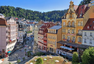 Market square with Art Nouveau houses in the spa area, Karlovy Vary, spa triangle, Bohemia, Czech Republic Market square with Art Nouveau houses in the spa area, Karlovy Vary, spa triangle, Bohemia, Czech Republic