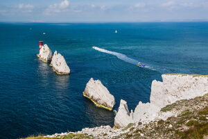 "The Needles" rock formation on the south-western tip of the island at Alum Bay, Isle of Wight, Hampshire, Great Britain, England