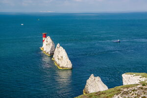 "The Needles" rock formation on the south-western tip of the island at Alum Bay, Isle of Wight, Hampshire, Great Britain, England
