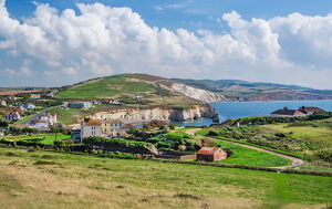 Hilly land with cliffs at Freshwater Bay, Freshwater, Isle of Wight, Hampshire, Great Britain, England