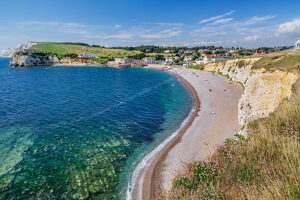 Beach with cliffs at Freshwater Bay, Freshwater, Isle of Wight, Hampshire, Great Britain, England
