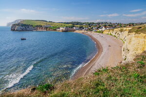 Beach with cliffs at Freshwater Bay, Freshwater, Isle of Wight, Hampshire, Great Britain, England