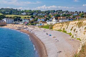 Beach with cliffs at Freshwater Bay, Freshwater, Isle of Wight, Hampshire, Great Britain, England