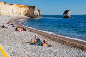 Beach with cliffs at Freshwater Bay, Freshwater, Isle of Wight, Hampshire, Great Britain, England